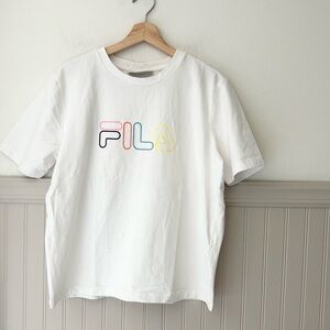 FILA Large White Tee with Colorful Logo Stretchy Tee Shirt